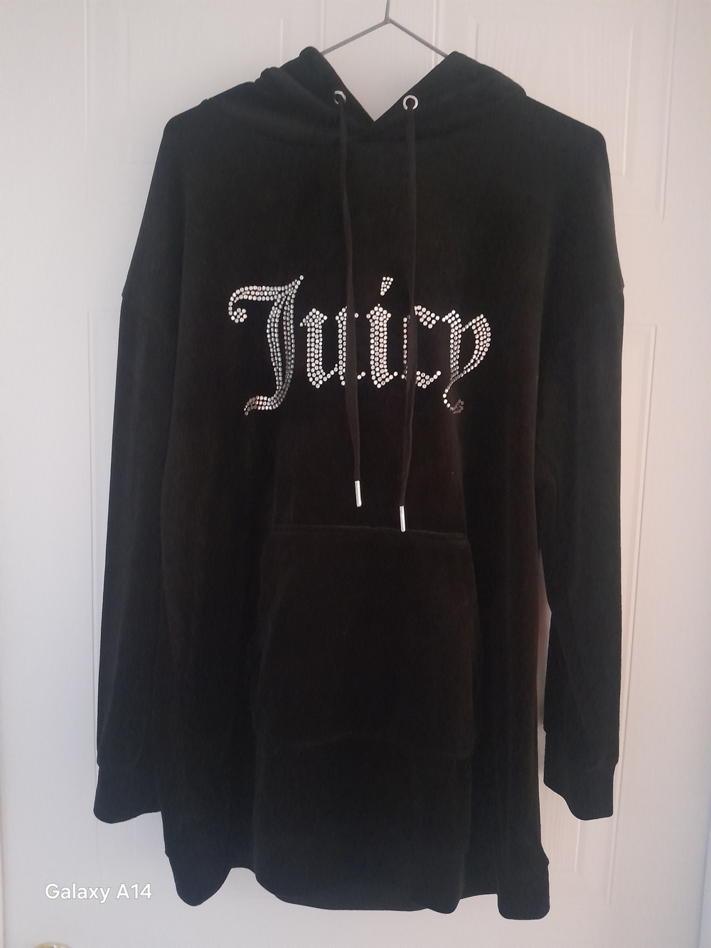 Juicy Couture Black Velour Long Hoodie Sweater - Rhinestone Logo
